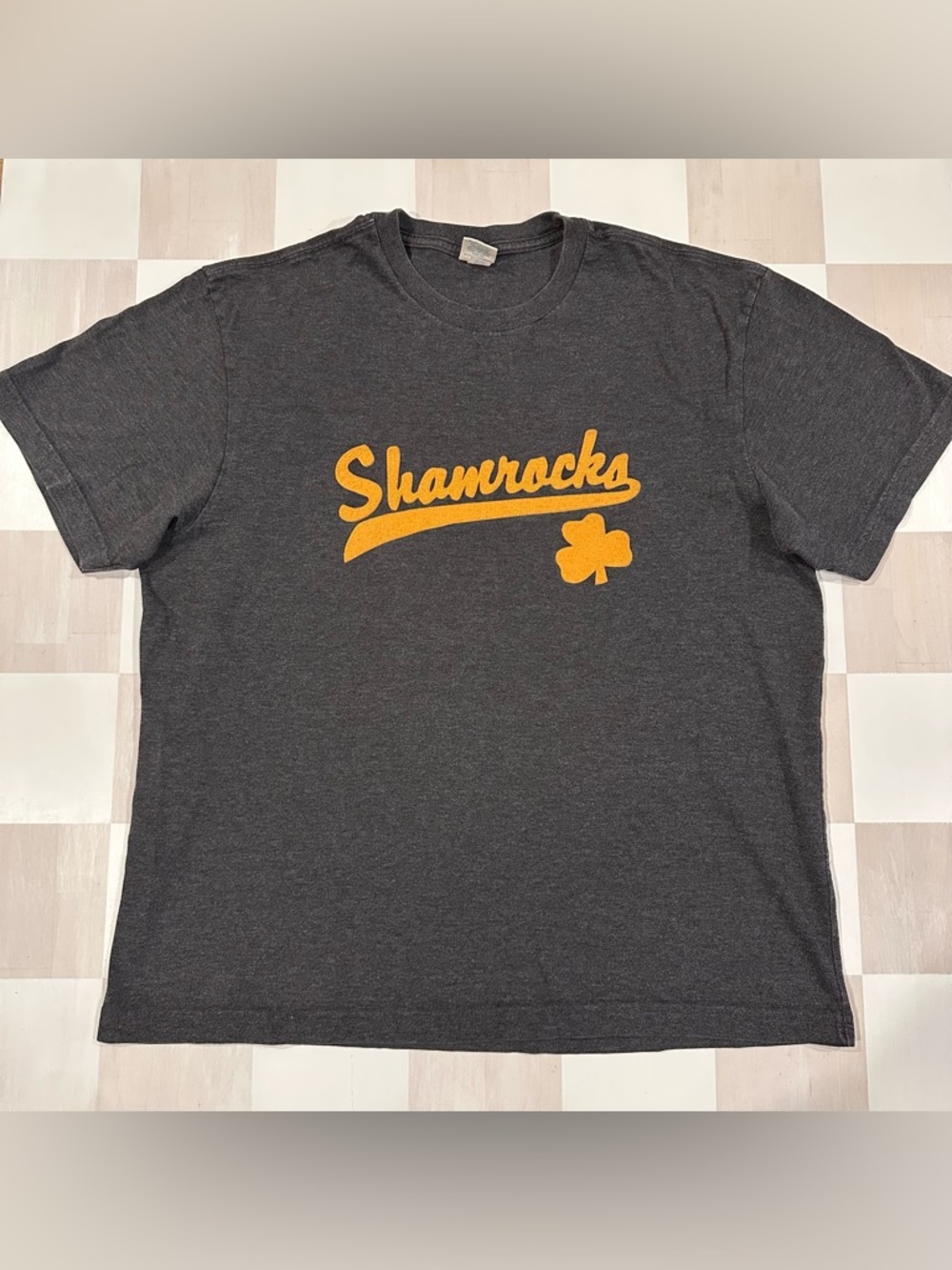 shamrocks clover embroidered yellow dark charcoal grey cotton blend tee